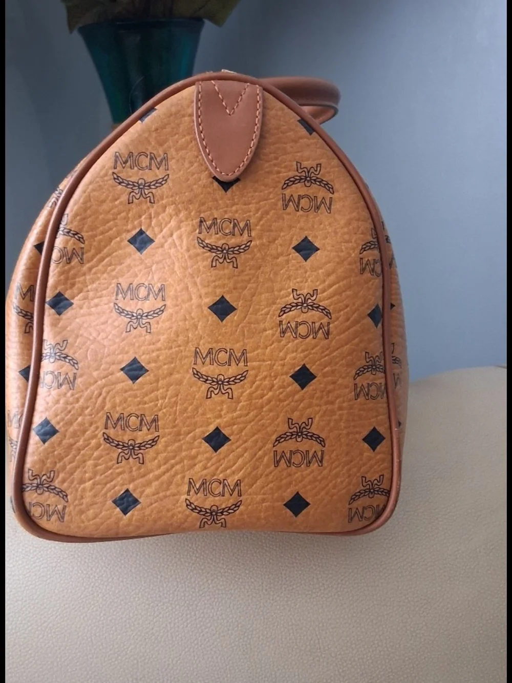 💯Authentic MCM Cognac Visetos Messenger Bag with Blue and Orange Stripes